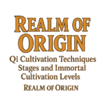 Realm of Origin site with Qi cultivation techniques, stages, and immortal cultivation levels tagline