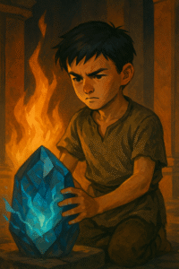 The last man on the wall stands alone at the awakening ceremony — a determined 12-year-old cultivator in villager clothes, placing his hand on the crystal flame.