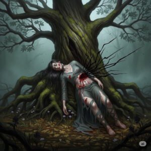 Wounded woman tainted by Elder Rune corruption beneath an ancient tree - A Tainted Path