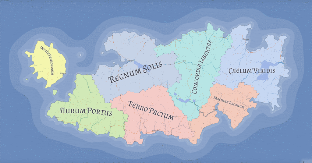 Map of the Realm of Origin from the Primordial Codex, showing seven fantasy nations, cultivation factions, and the secrets of the Origin Flame.