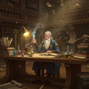 A master alchemist inscribes runes while surrounded by potions and arcane tools