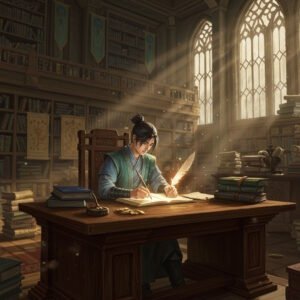 A young apprentice cultivator studies and writes inside a grand library.