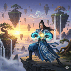 Cultivation stories: a male cultivator practices spiritual arts on a floating island in a xianxia world