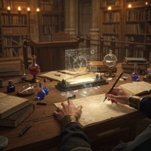 First-person view of a glowing cultivation diagram with alchemy tools on a desk