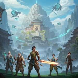 Cultivators stand before a great mountain temple as mysterious floating devices hover in the sky.