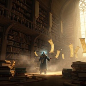 Ancient scrolls float and glow in a vast library of Realm of Origin.