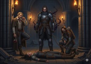 Chapter Five: The Unlikely Alliance – Revan, Kaelen, and Sylas stand over the wounded woman in a torchlit chamber.