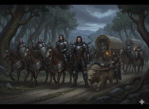 Armored riders escort Revan, Kaelen, Sylas, and the wounded woman through a shadowed forest in Chapter Five: The Unlikely Alliance.