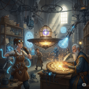 A scene from cultivation stories, where an engineer and inscriptionist collaborate on spiritual technology in a workshop.