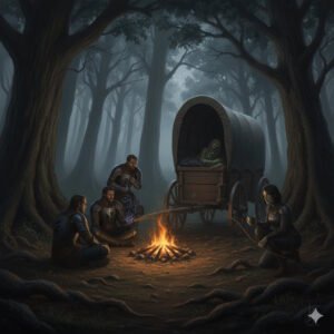 The Perils of the Road campfire scene with Revan, Sylas, Kaelen, and Meilin, showing xianxia cultivation themes.