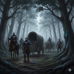 The Perils of the Road caravan scene with soldiers and wagons marching through the cultivation world.