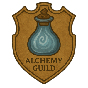 Alchemy Guild badge featuring a crystalline vial with swirling mist, symbolizing tech alchemy, spiritual alchemy, and soul alchemy in Realm of Origin.