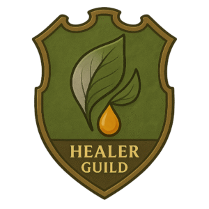 Healer Guild badge with silver crescent leaf and amber resin droplet – spiritual healing symbol
