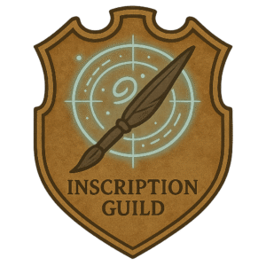 Inscription Guild badge – glowing glyph circle with ceremonial ink brush symbolizing spiritual inscription and enchantments
